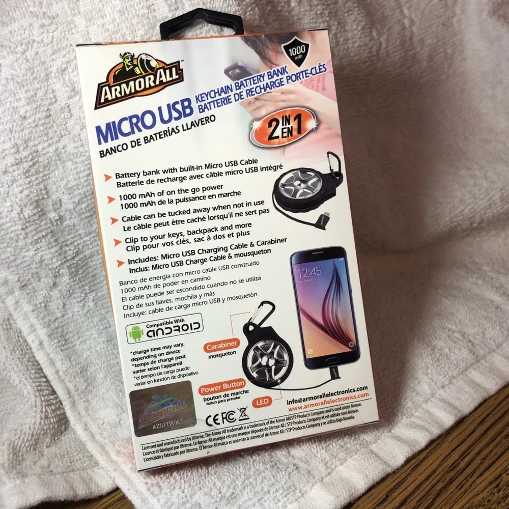 ArmorAll micro USB keychain battery bank with carabiner pocket sized power bank